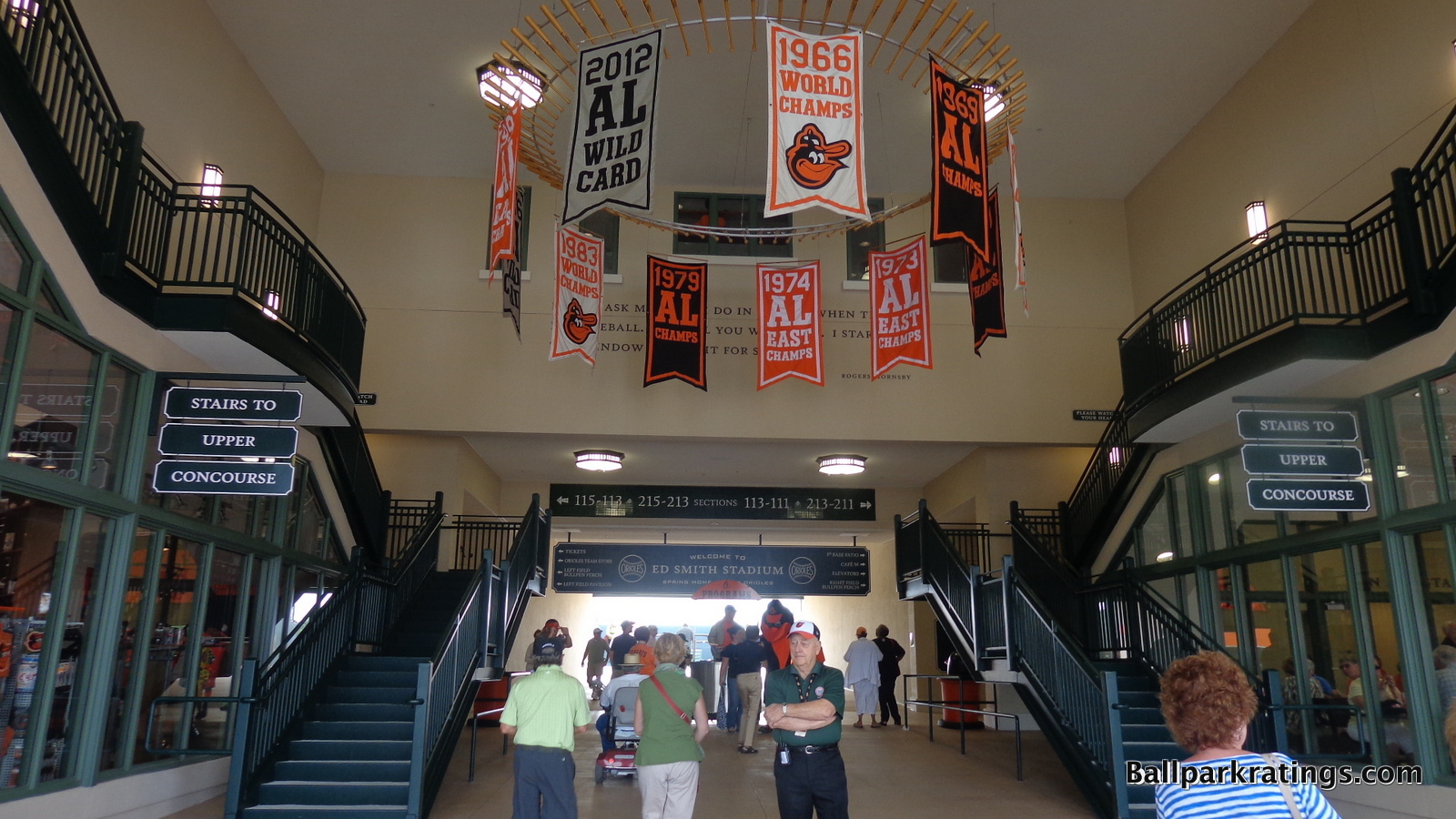 Ed Smith Stadium bat chandelier with pennant banners.