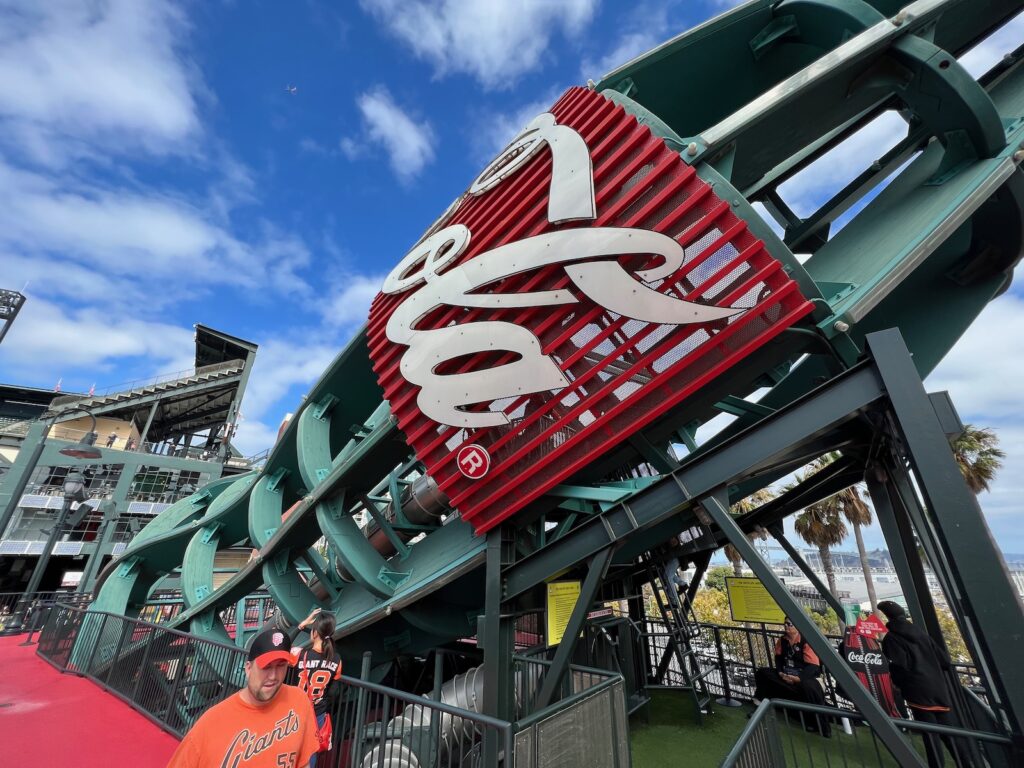 Huge coke bottle slide at Oracle Park.